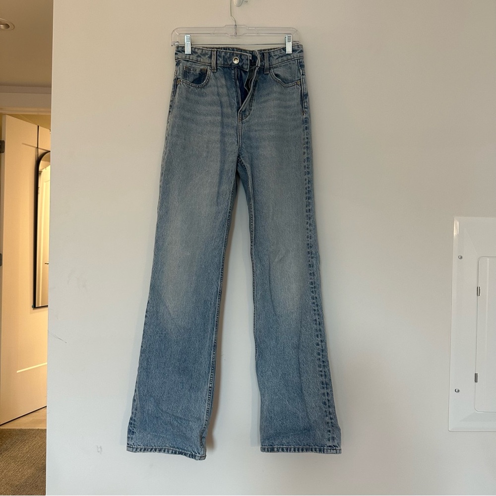 Zara Medium Wash Denim High Rise, Straight Leg Jeans